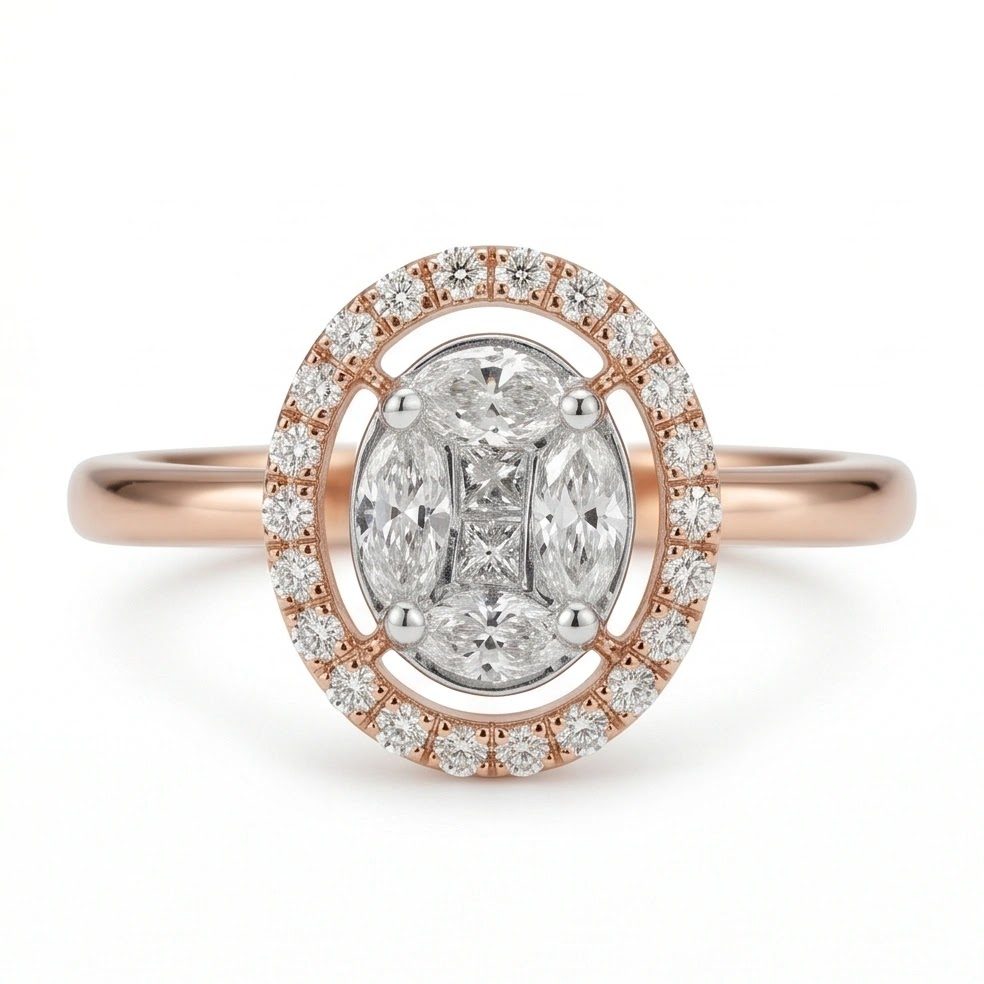 18KT Rose Gold 0.45 Carat Round & Marquise & Princess Diamond Ring | Innocence Design DFO100RMS4