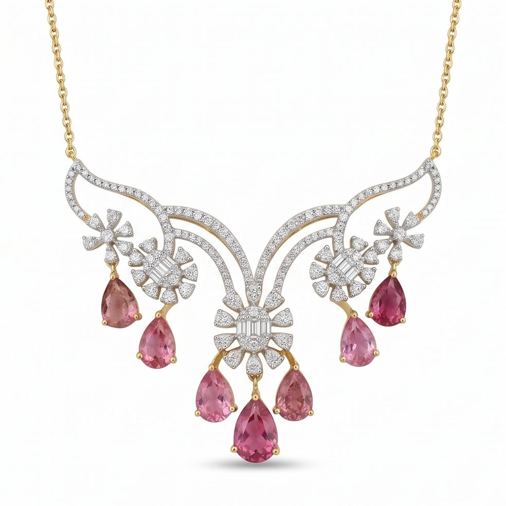 18KT Yellow Gold 2.61 Carat Round & Pear & Baguette Diamond Necklace | Innocence Design 12227P2