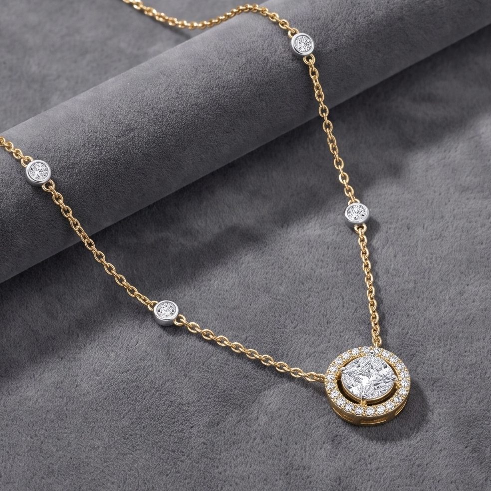 18KT Yellow Gold 0.71 Carat Round & Marquise & Princess Diamond Necklace | Innocence Design 10005P34