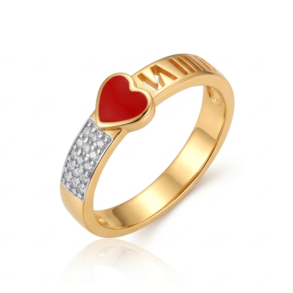 Enamel Heart & Pavé Accent Gold Ring