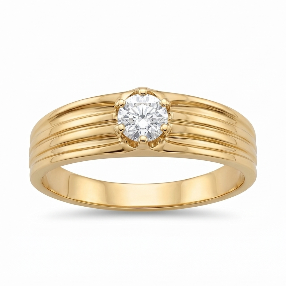 Ribbed Solitaire Diamond Gold Ring