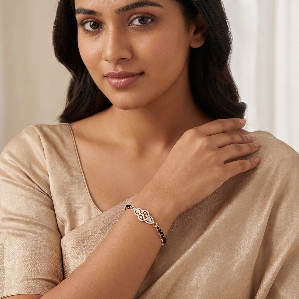 Diamond-Studded Black Bead Bracelet